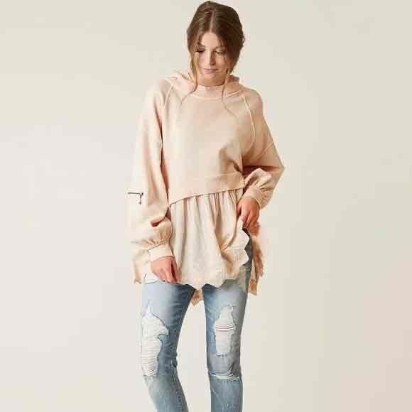 Free People Sweet Streets Hoodie Large L Oversized Long Sleeve Pink Beige - Picture 14 of 14